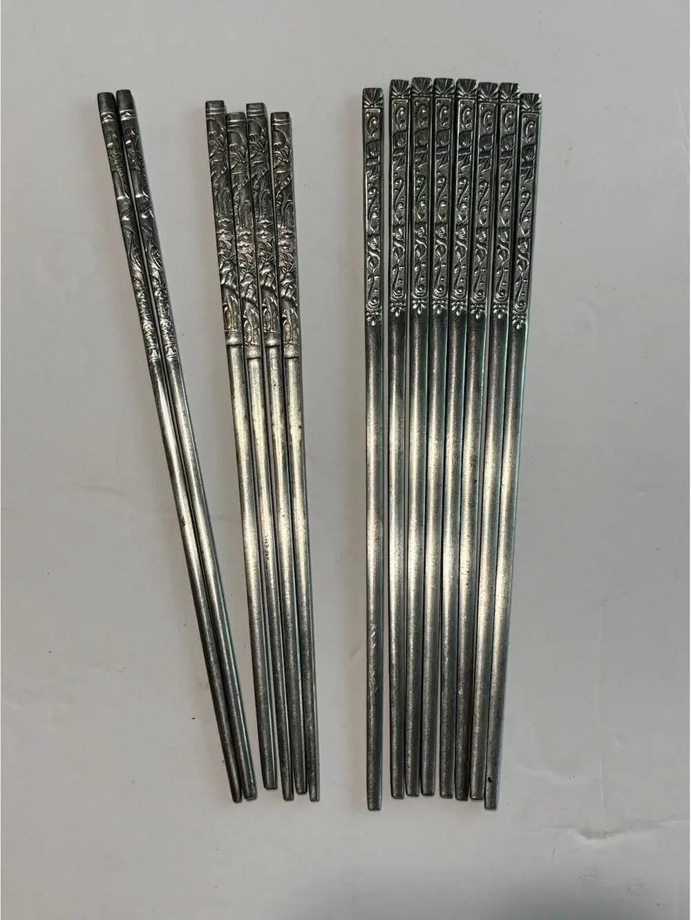 Vintage 7 Pairs Stainless Steel Metal Reusable Chopsticks w/Bird Etchings.